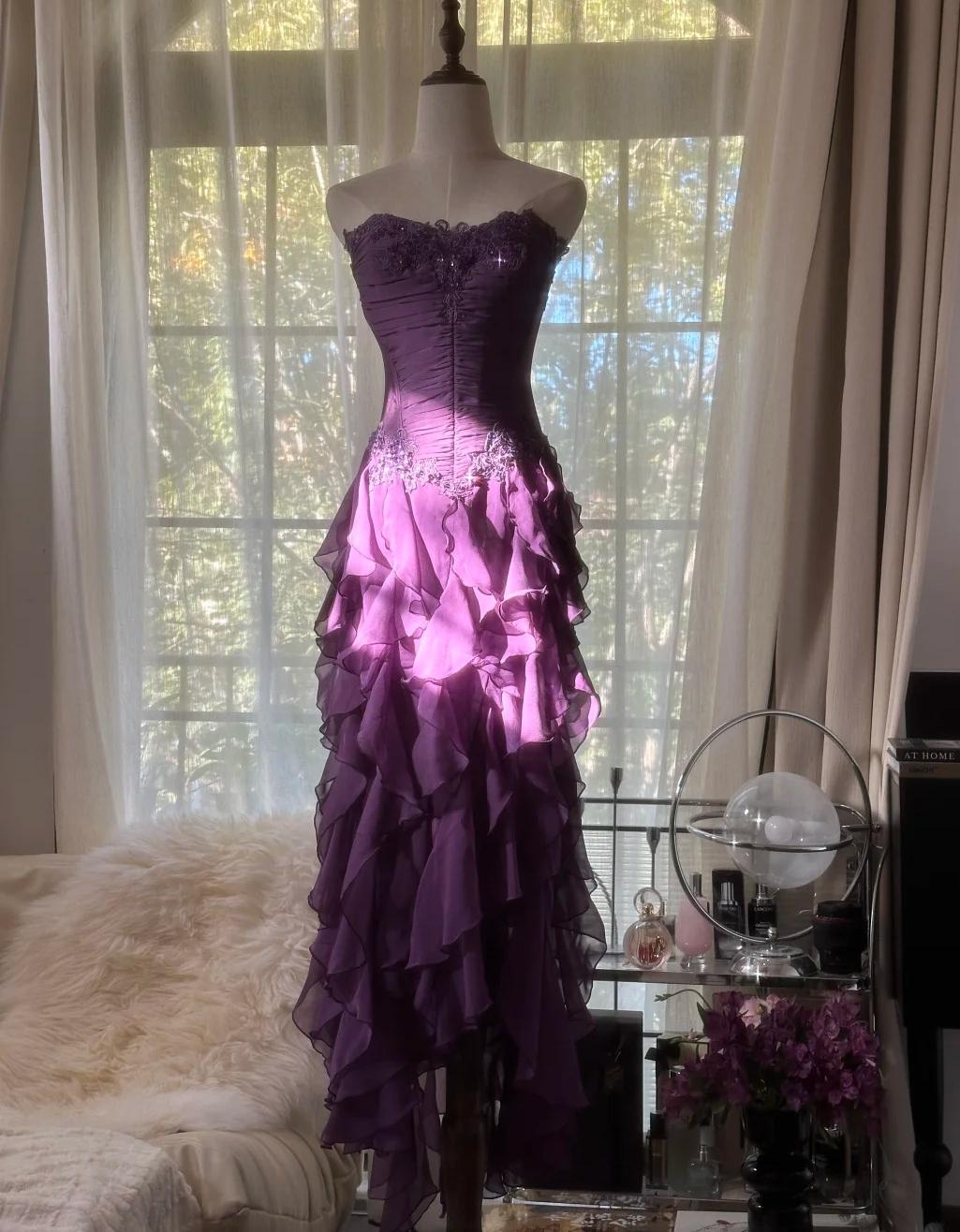 Purple 💜Elegant Strapless Chiffon Applique Long Tiered Prom Dresses Ba