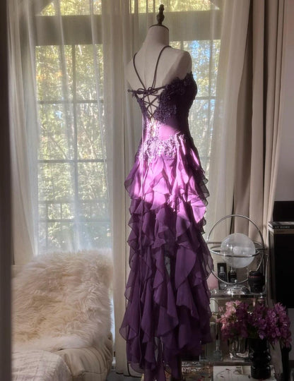 Purple Strapless Chiffon Beaded Layered Lace-Up Ball Gown