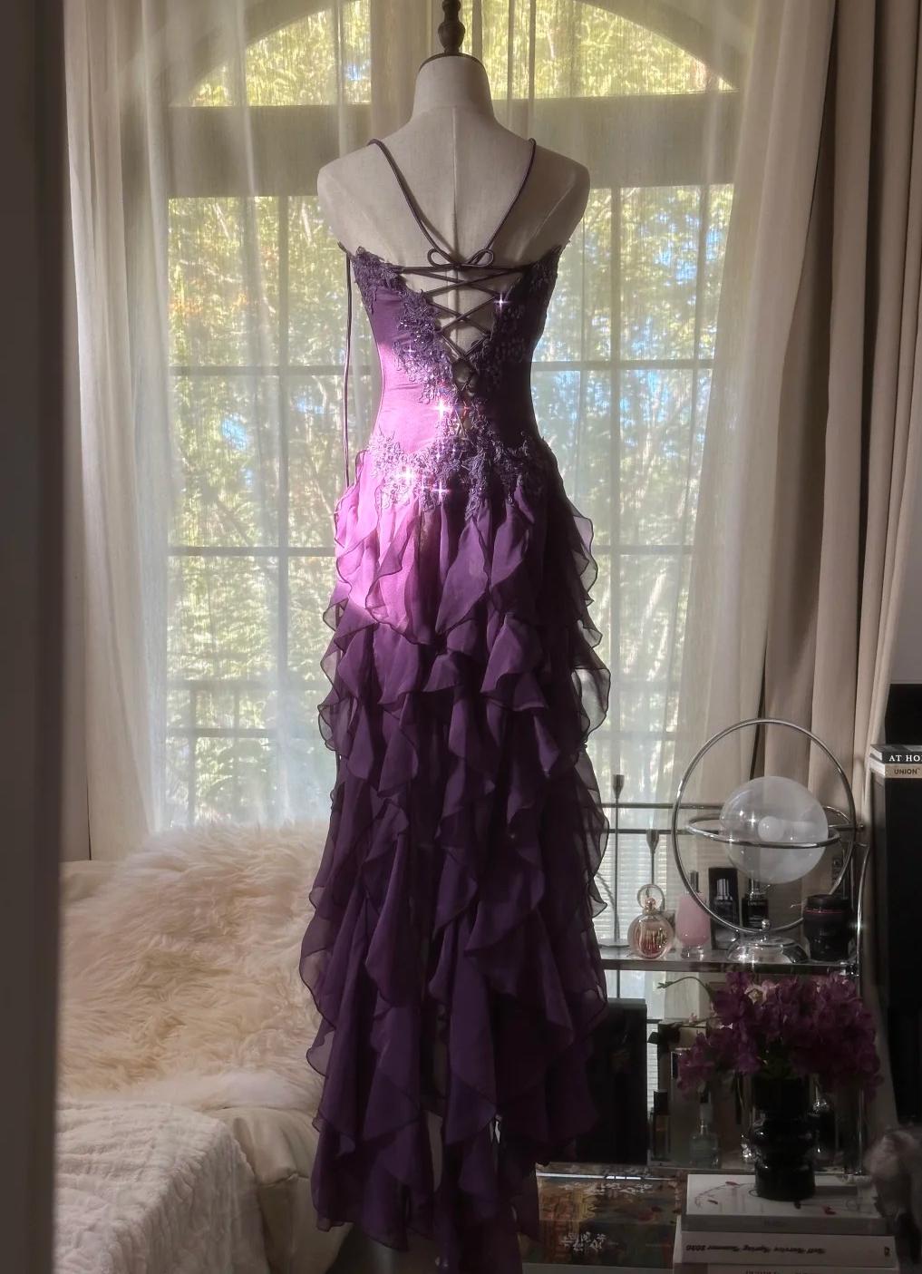 Purple Strapless Chiffon Beaded Layered Lace-Up Ball Gown