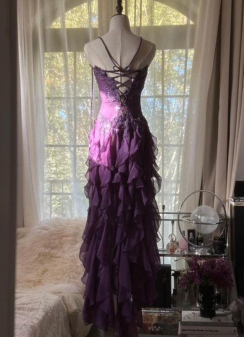 Purple Elegant Strapless Chiffon Applique Long Tiered Prom Dresses Ba ...