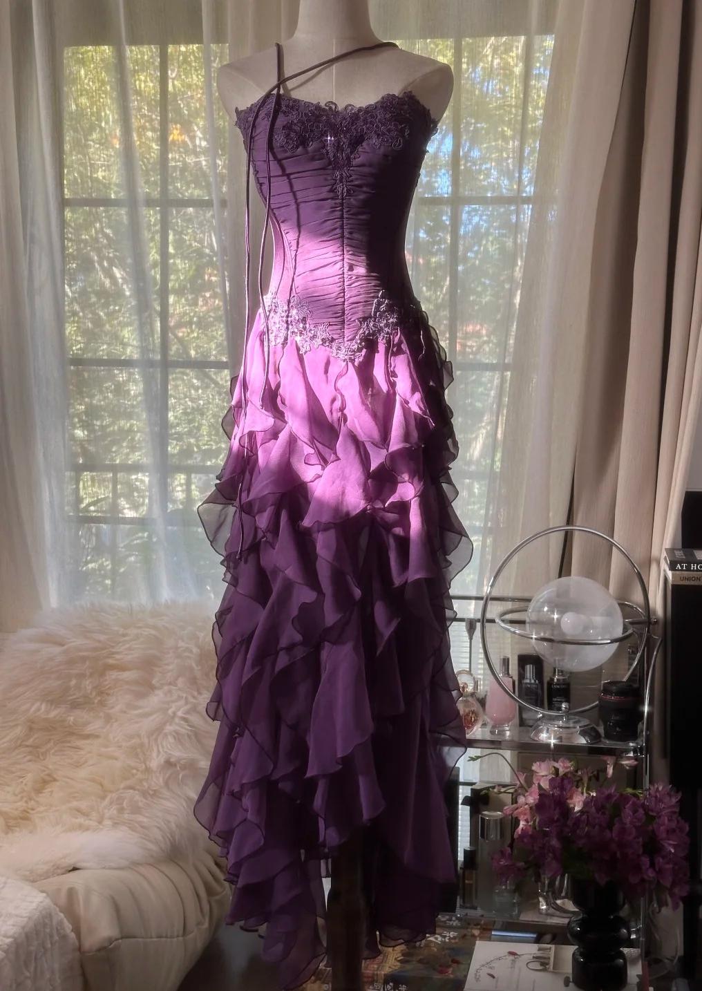 Purple Strapless Chiffon Beaded Layered Lace-Up Ball Gown