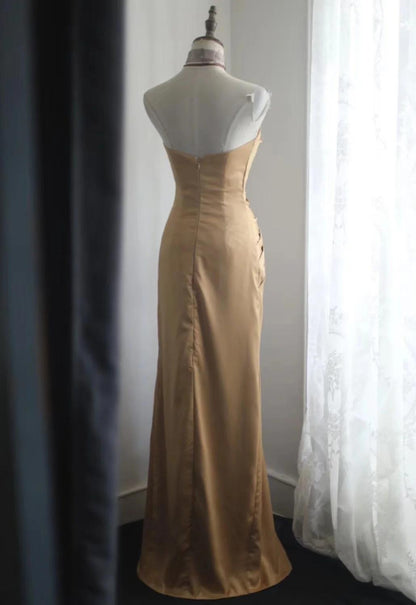Robe de soirée longue en satin, style sirène, sans bretelles, dorée, simple, ED01730
