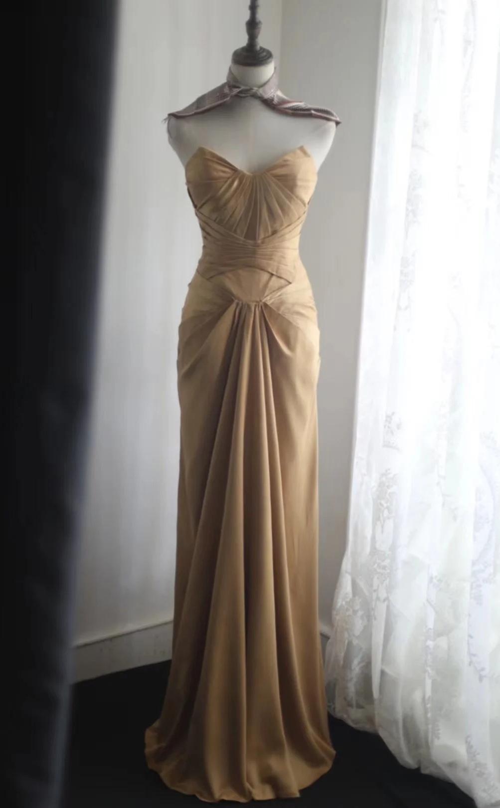 Robe de soirée longue en satin, style sirène, sans bretelles, dorée, simple, ED01730