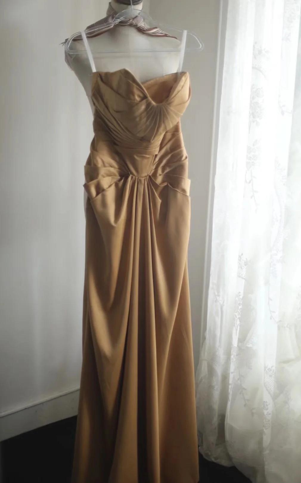 Robe de soirée longue en satin, style sirène, sans bretelles, dorée, simple, ED01730
