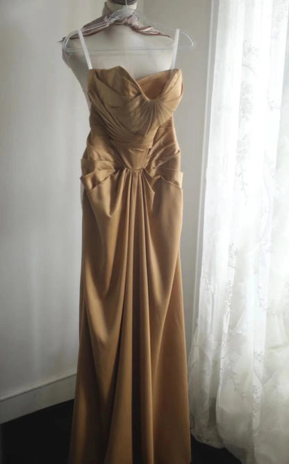 Robe de soirée longue en satin, style sirène, sans bretelles, dorée, simple, ED01730