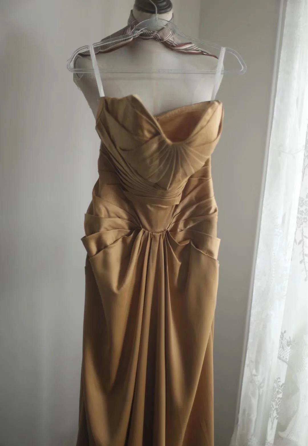 Robe de soirée longue en satin, style sirène, sans bretelles, dorée, simple, ED01730