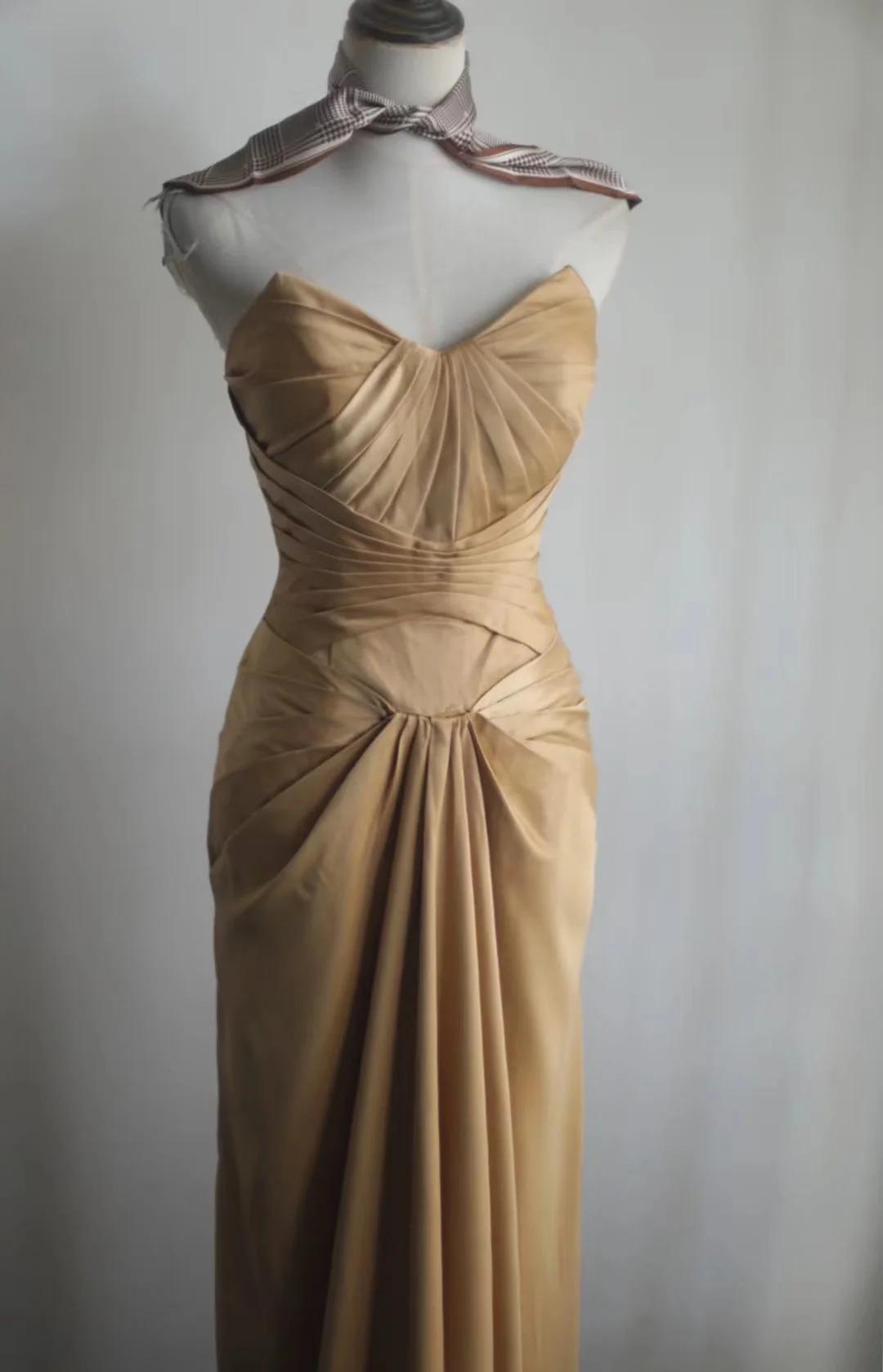 Robe de soirée longue en satin, style sirène, sans bretelles, dorée, simple, ED01730
