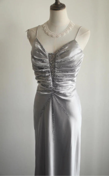 Silver Meimaid Satin Spaghetti Straps Beaded Long Prom Dress Sweetheart Neckline Formal Evening Dress ED01732