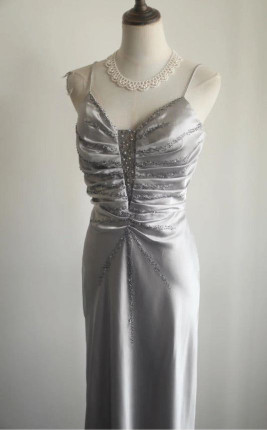 Silver Meimaid Satin Spaghetti Straps Beaded Long Prom Dress Sweetheart Neckline Formal Evening Dress ED01732