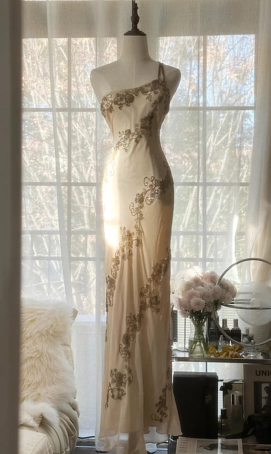 Champagne Retro Chiffon Sheath Party Dress One Shoulder Beaded Long Prom Dress