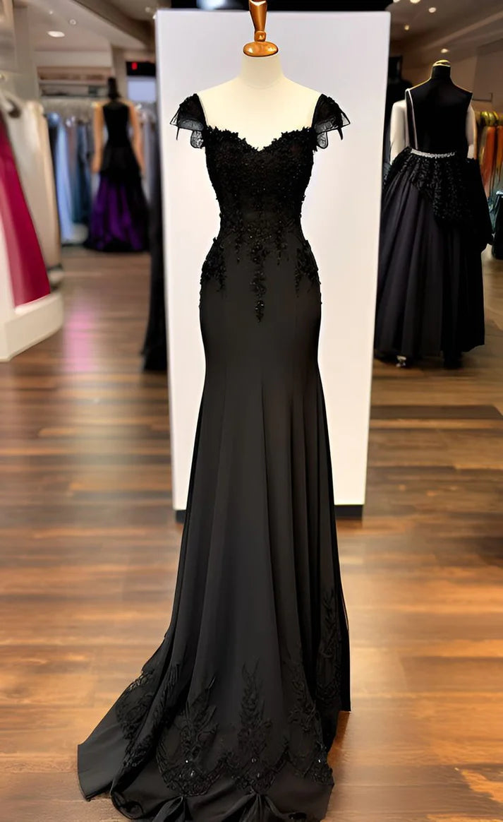 Sexy Black Mermaid Gown V Neck Chiffon Lace Prom Dress Evening Dress  