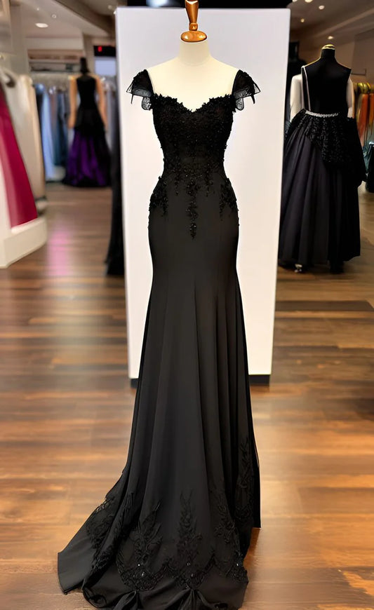 Sexy Black Mermaid Gown V Neck Chiffon Lace Prom Dress Evening Dress  