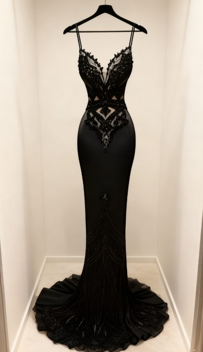 Modest Black Spaghetti Strap Mermaid Satin Prom Dresses Long Prom Dress ED01735