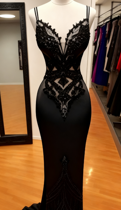 Modest Black Spaghetti Strap Mermaid Satin Prom Dresses Long Prom Dress ED01735