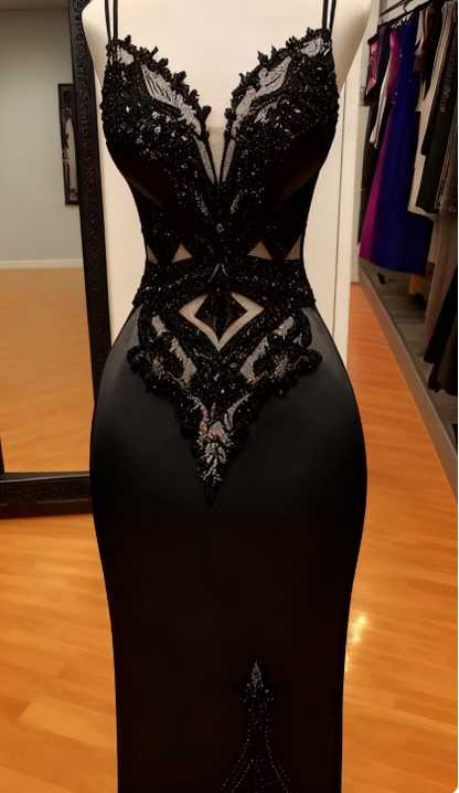 Modest Black Spaghetti Strap Mermaid Satin Prom Dresses Long Prom Dress ED01735