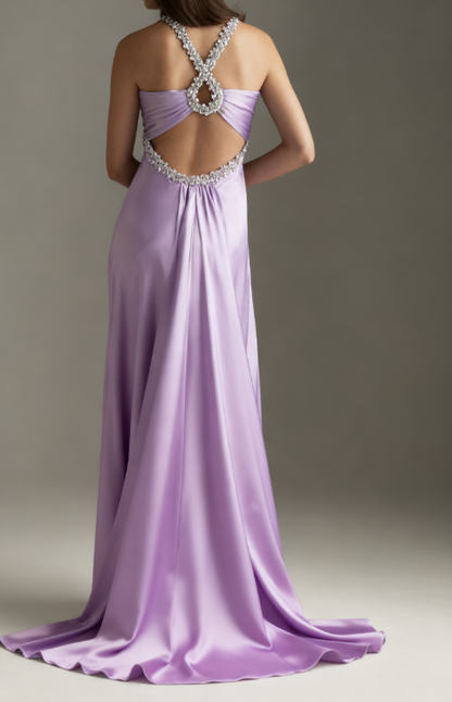 Glamou Purple 💜Satin Beaded Backless Long Prom Dress for Party&Birthday,Elegant Wedding Guest Outfits ED01736