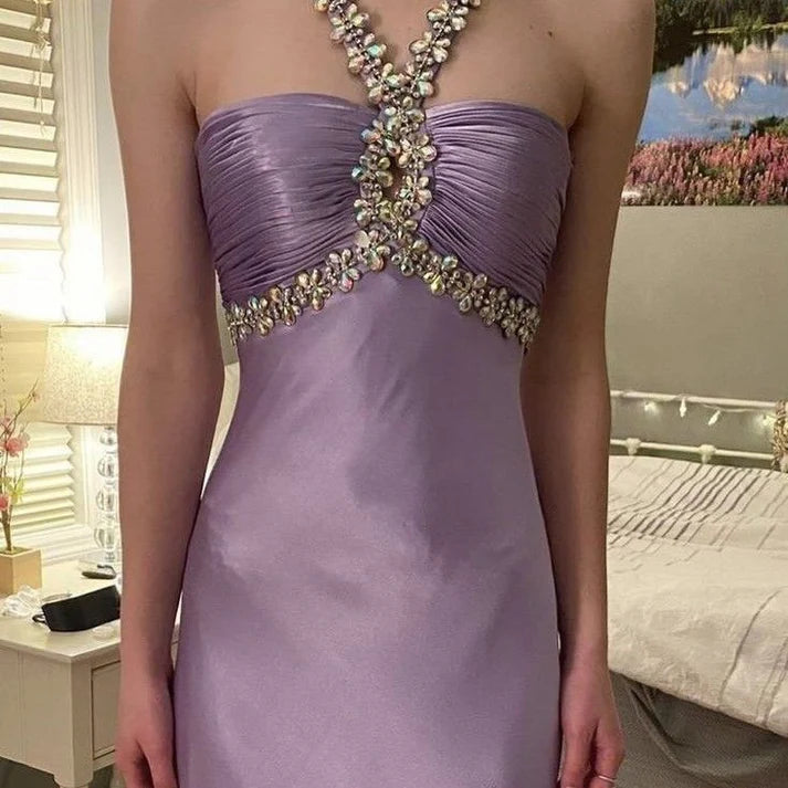 Gentle Purple 💜Satin Beaded Backless Long Prom Dress for Pool Party&amp;Birthday Sexy Evening Dresses