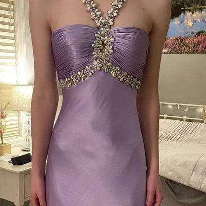 Gentle Purple 💜Satin Beaded Backless Long Prom Dress for Pool Party&amp;Birthday Sexy Evening Dresses