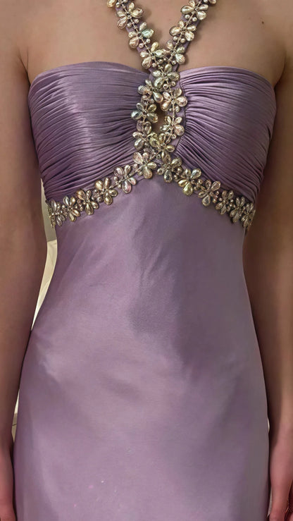 Glamou Purple 💜Satin Beaded Backless Long Prom Dress for Party&Birthday,Elegant Wedding Guest Outfits ED01736