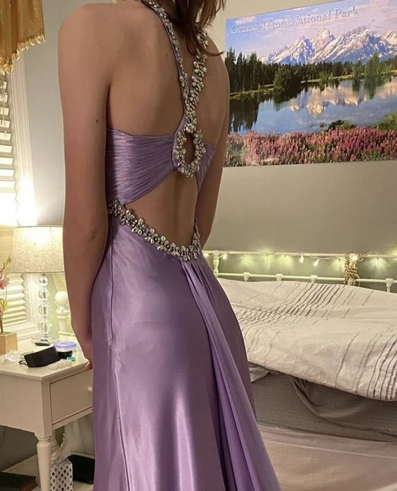 Gentle Purple 💜Satin Beaded Backless Long Prom Dress for Pool Party Birthday Sexy Evening Dresses
