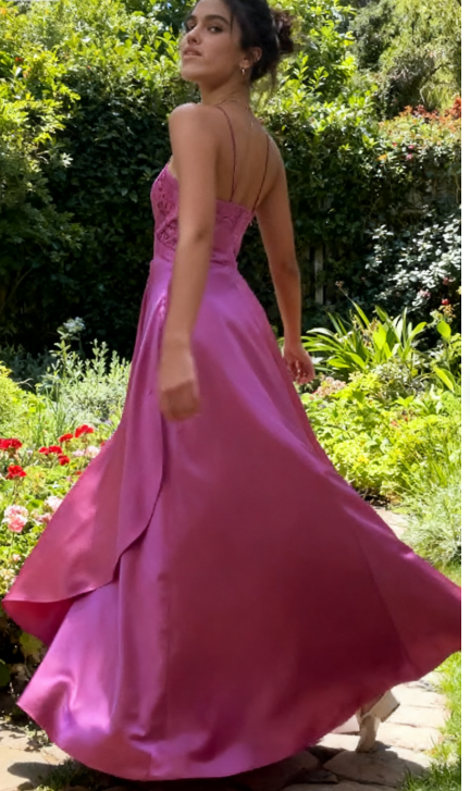 Elegant Spaghetti  Straps A-Line Fuchsia Beaded Satin Prom Dresses Gorgeous Wedding Guest Dresses with Shawl ED01737