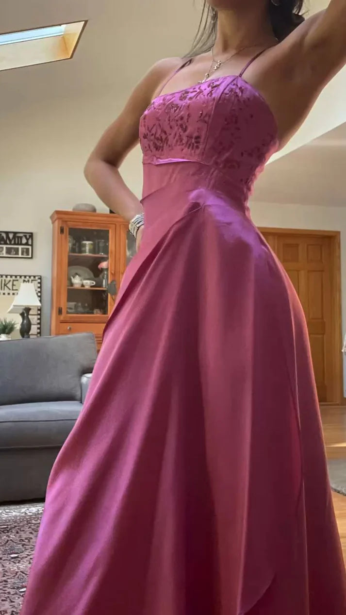 Fuchsia Spaghetti Strap Zippered Backless Beaded Long Ball Gown
