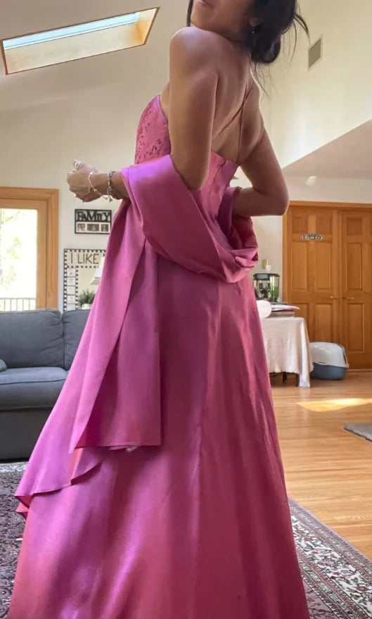 Fuchsia Spaghetti Strap Zippered Backless Beaded Long Ball Gown