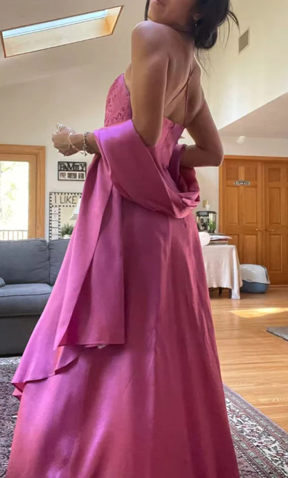 Fuchsia Spaghetti Strap Zippered Backless Beaded Long Ball Gown