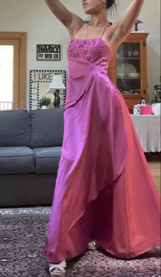 Fuchsia Spaghetti Strap Zippered Backless Beaded Long Ball Gown