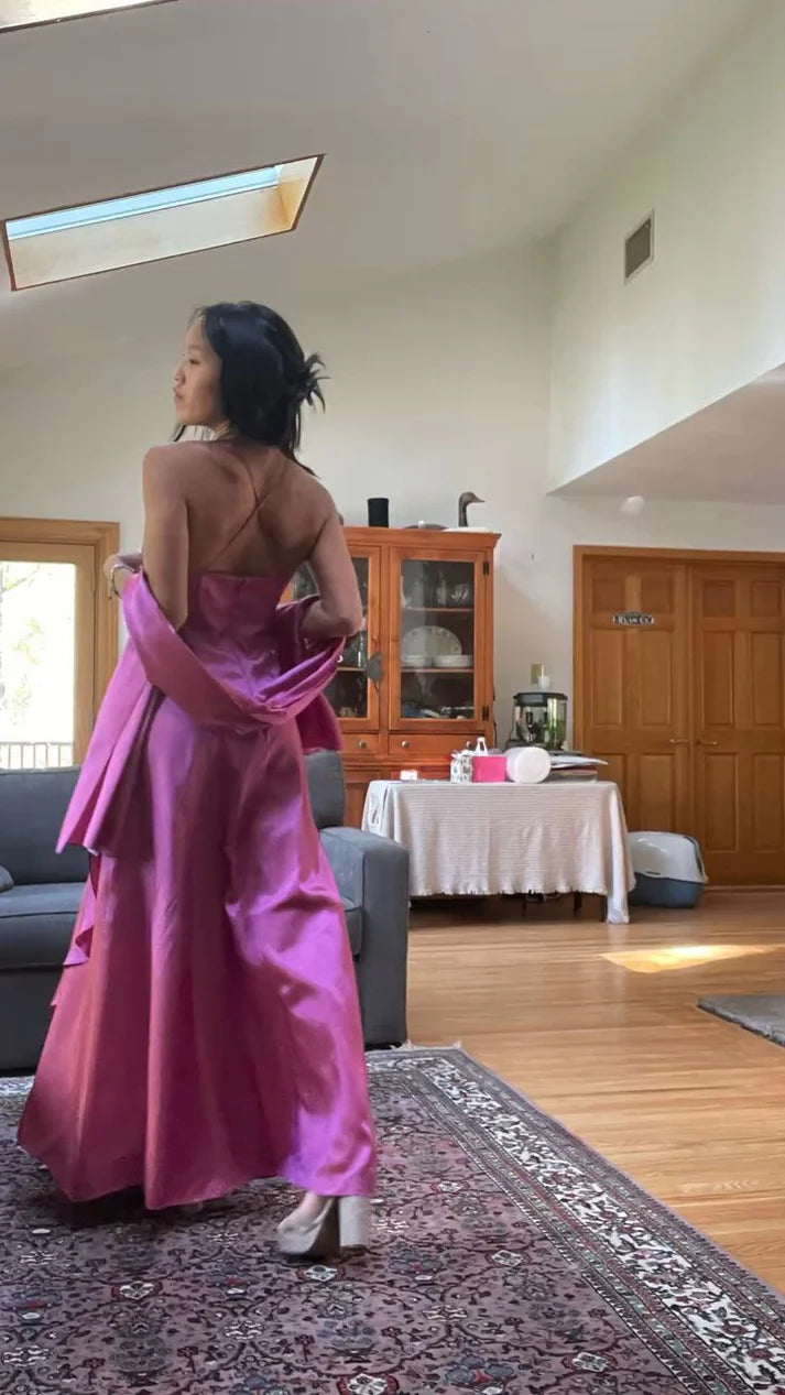 Fuchsia Spaghetti Strap Zippered Backless Beaded Long Ball Gown
