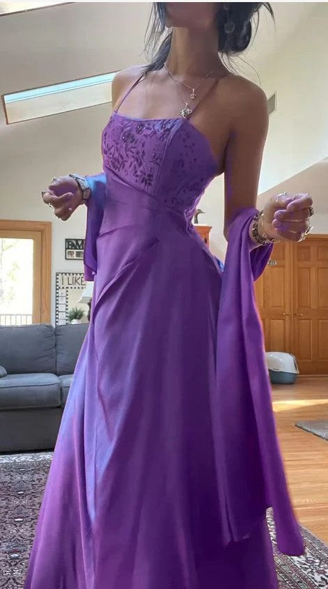 Elegant Spaghetti Straps A-Line Fuchsia Beaded Satin Prom Dresses Gorg EvaFashionDress Elegant Spaghetti Straps A-Line Fuchsia Beaded Satin Prom Dresses Gorg EvaFashionDress