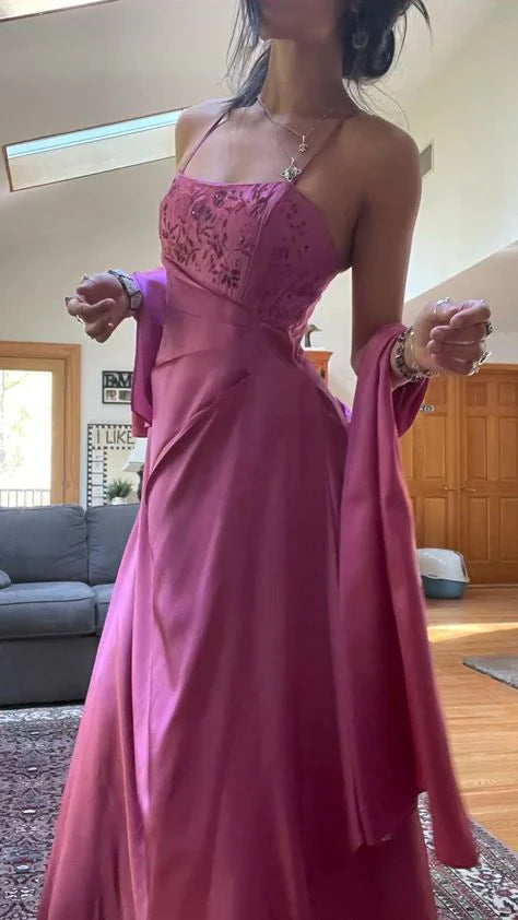 Fuchsia Spaghetti Strap Zippered Backless Beaded Long Ball Gown