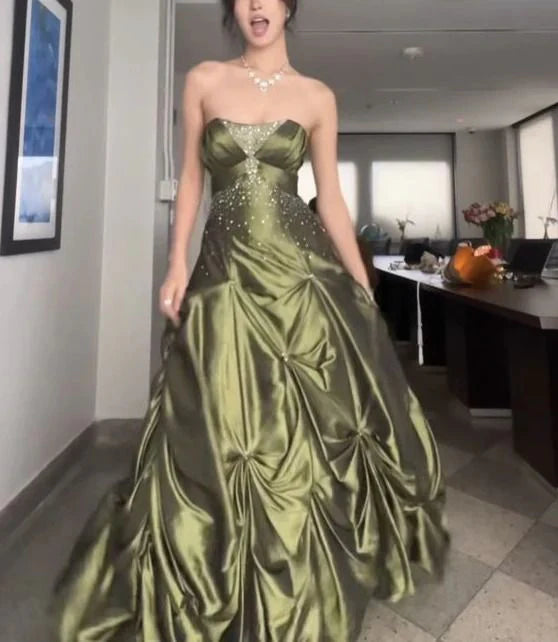 🍃Pretty Forest Green A-Line Strapless Satin Prom Dresses With Silver Beads -Sweet 👸 Princess Style Evening Dress for  Birthday&Graduation 