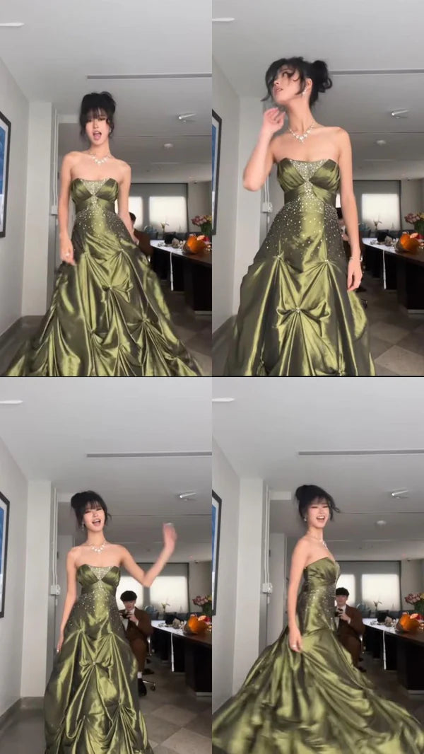 🍃Pretty Forest Green A-Line Strapless Satin Prom Dresses With Silver Beads -Sweet 👸 Princess Style Evening Dress for  Birthday&Graduation 