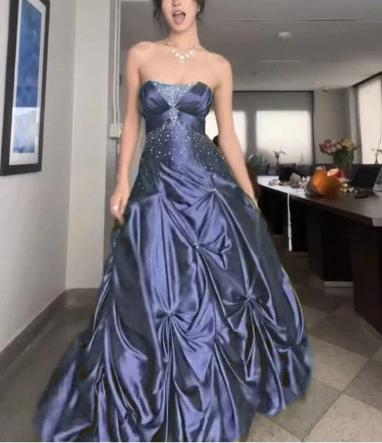  Navy Blue  A-Line Strapless Satin Prom Dresses With Silver Beads 