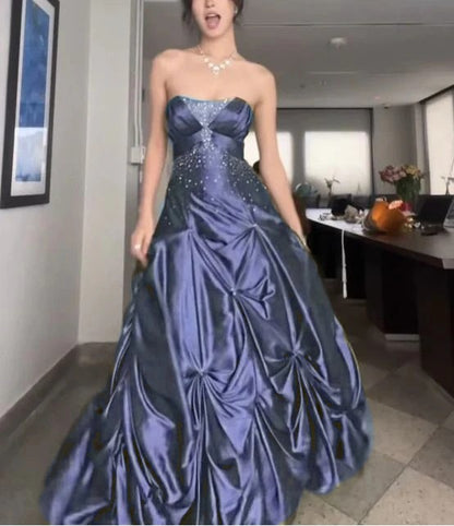  Navy Blue  A-Line Strapless Satin Prom Dresses With Silver Beads 
