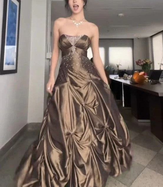 Brown  A-Line Strapless Satin Prom Dresses With Silver Beads 