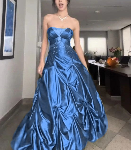 Blue A-Line Strapless Satin Prom Dresses With Silver Beads 