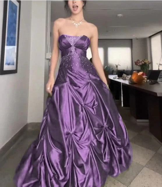 Purple A-Line Strapless Satin Prom Dresses With Silver Beads 