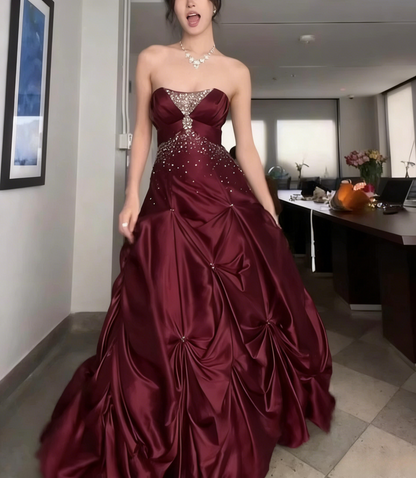 💚Jolie robe de bal longue vert forêt avec perles argentées, robe de soirée bustier en satin ED01741