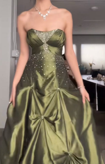🍃Pretty Forest Green A-Line Strapless Satin Prom Dresses With Silver Beads -Sweet 👸 Princess Style Evening Dress for  Birthday&Graduation 