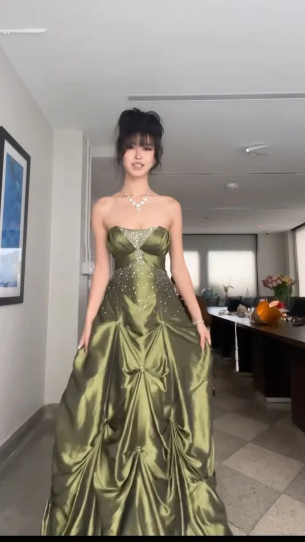 🍃Pretty Forest Green A-Line Strapless Satin Prom Dresses With Silver Beads -Sweet 👸 Princess Style Evening Dress for  Birthday&Graduation 
