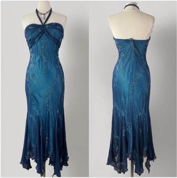  Vintage Blue Tulle& Chiffon Prom Dress for Party&Graduation-90s Elegant Shinny Beaded  Evening Gown