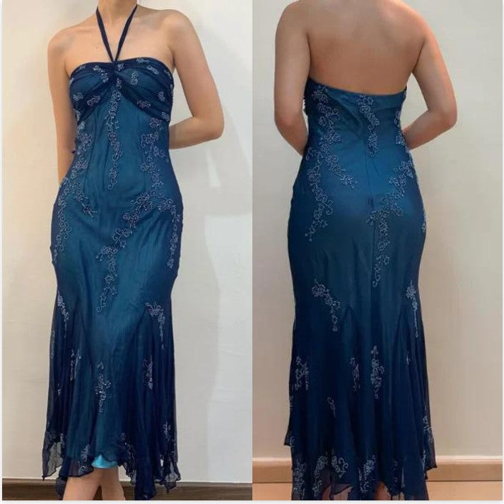  Vintage Blue Tulle& Chiffon Prom Dress for Party&Graduation-90s Elegant Shinny Beaded  Evening Gown
