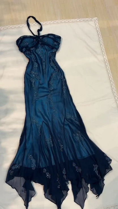Vintage Blue Chiffon Long Prom Dresses Elegant  Beaded Party Dresses ED01743