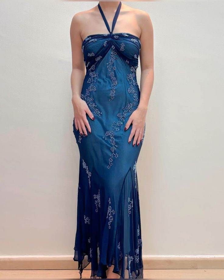  Vintage Blue Tulle& Chiffon Prom Dress for Party&Graduation-90s Elegant Shinny Beaded  Evening Gown