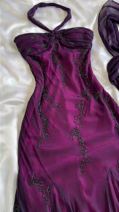  Vintage Blue Tulle& Chiffon Prom Dress for Party&Graduation-90s Elegant Shinny Beaded  Evening Gown
