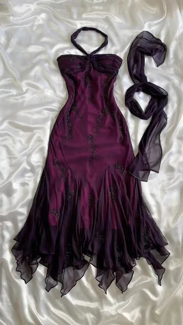  Vintage Blue Tulle& Chiffon Prom Dress for Party&Graduation-90s Elegant Shinny Beaded  Evening Gown