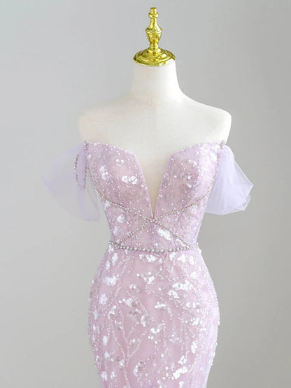Robe de bal longue violette en tulle à paillettes et col en V, style sirène, ED01744