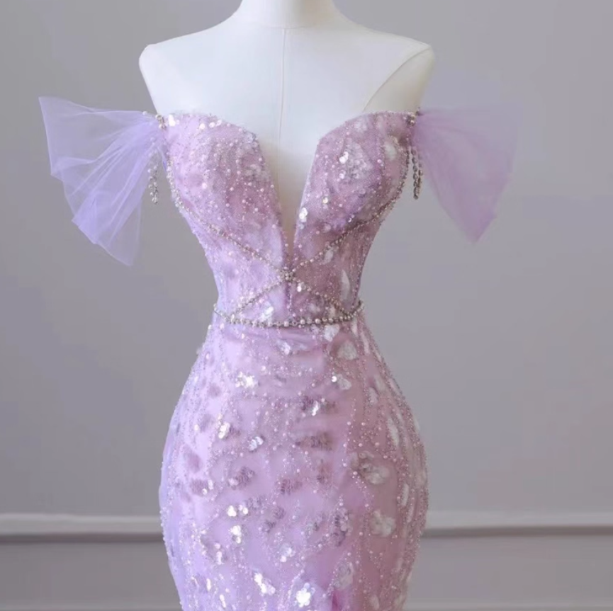 Mermaid Off-Shoulder Tulle Sequin Long Prom Dress Purple Formal Dress ED01744